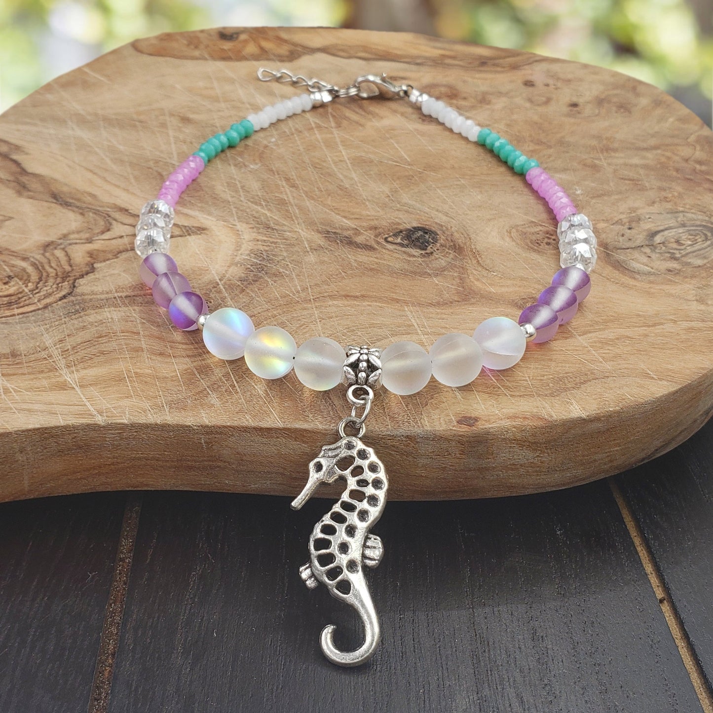 BESHEEK Silvertone and Frosted AB mermaid Sea Horse Bracelet| Handmade Hypoallergenic Boho Beach Gala Wedding Style Jewelry