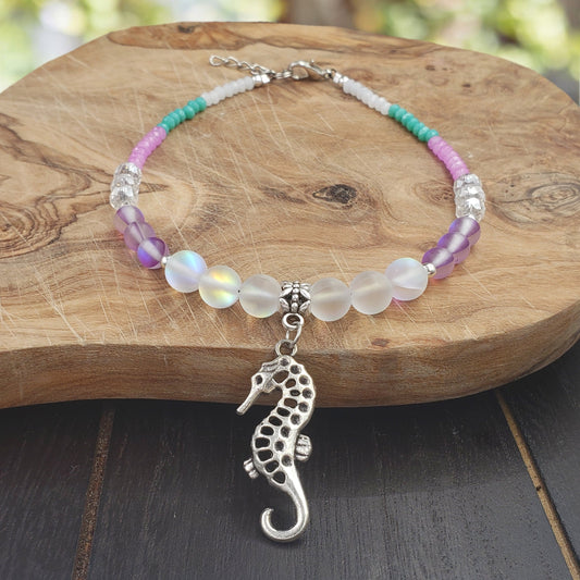 BESHEEK Silvertone and Frosted AB mermaid Sea Horse Bracelet| Handmade Hypoallergenic Boho Beach Gala Wedding Style Jewelry