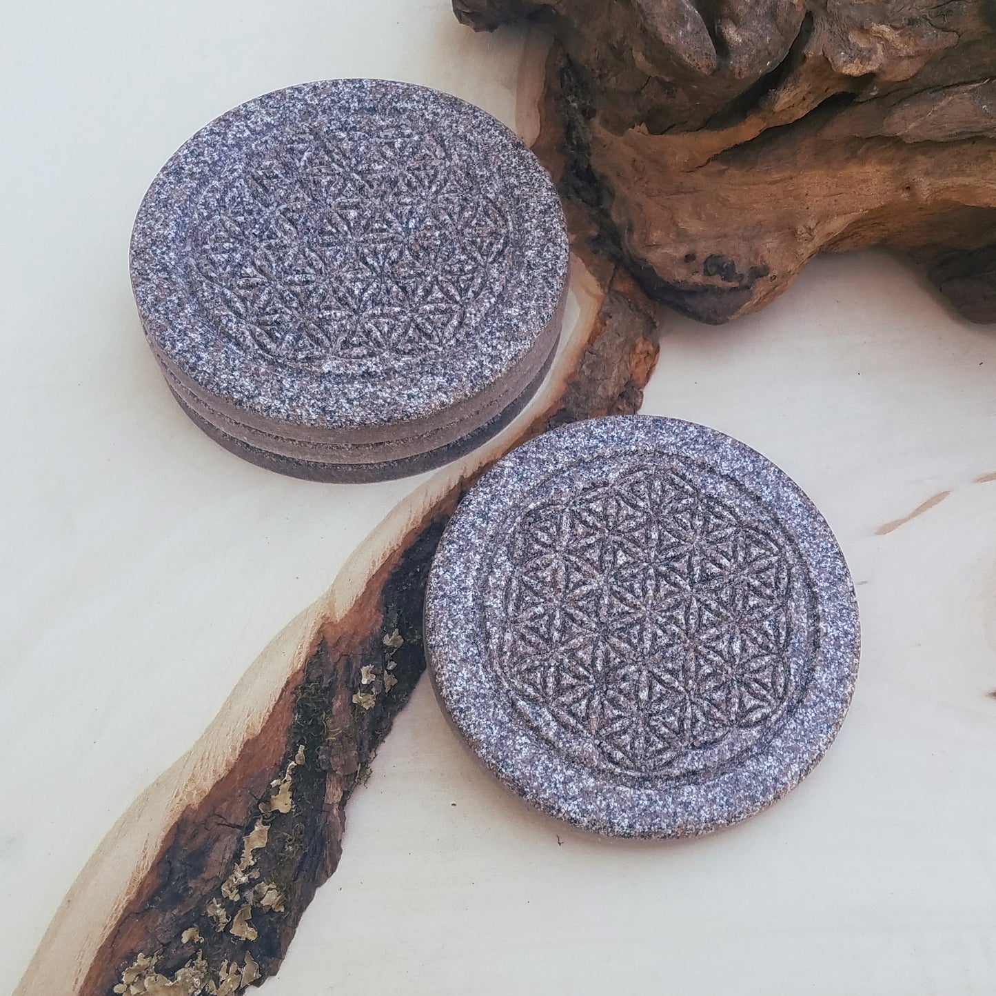 BeSheek Handmade Mandala Sacred Flower simulated speckled stone coaster pack (set of 4)