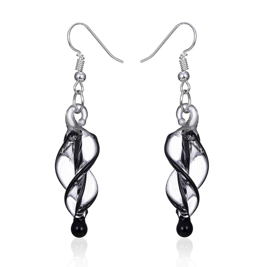 BESHEEK New Handcrafted Italian Murano Style Glass Tornado Twirl Quality Fashion Earrings - Black | Handmade Hypoallergenic Boho Beach Gala Wedding Style Fashion Earrings