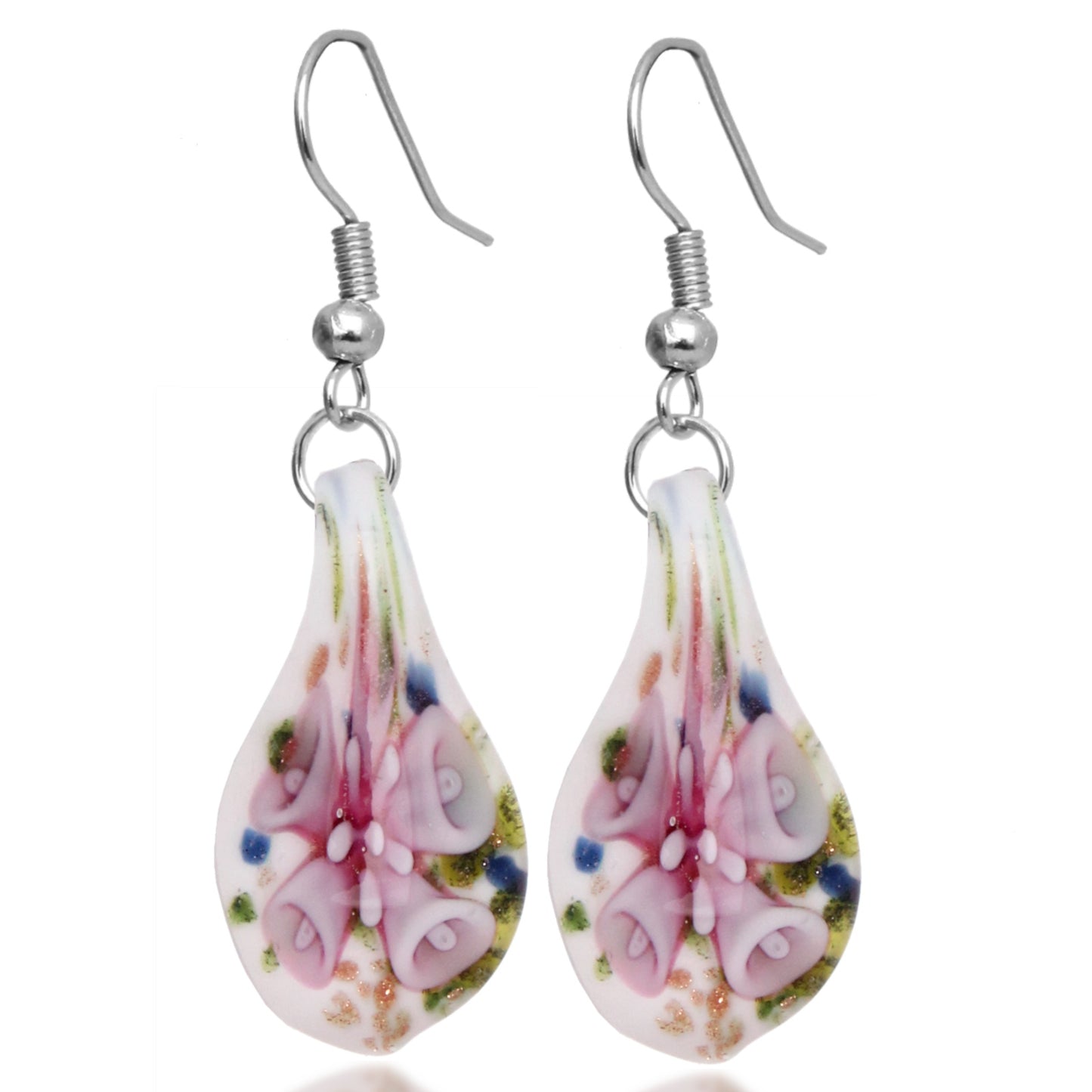 Handmade Murano Inspired Gorgeous Artist Made Pink Confetti Teardrop Glass Earrings