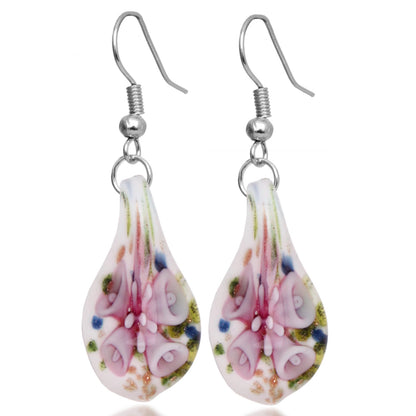 Handmade Murano Inspired Gorgeous Artist Made Pink Confetti Teardrop Glass Earrings