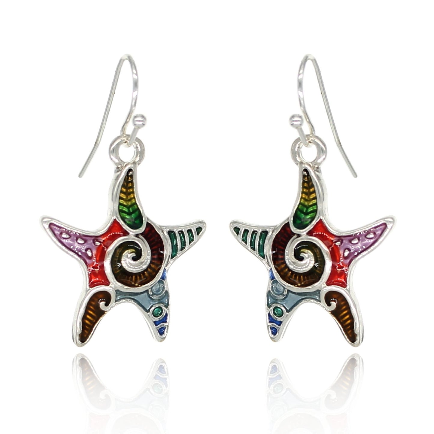 BESHEEK Hand Painted Silvertone Mosaic Ocean Starfish Fashion Earrings | Handmade Hypoallergenic Boho Beach Gala Wedding Style Fashion Earrings