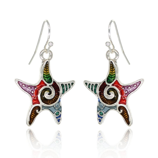 BESHEEK Hand Painted Silvertone Mosaic Ocean Starfish Fashion Earrings | Handmade Hypoallergenic Boho Beach Gala Wedding Style Fashion Earrings