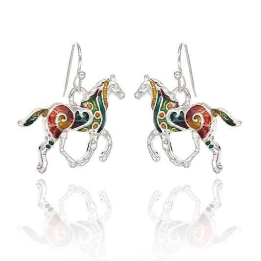 BESHEEK Handmade Silvertone Mosaic Horses Earrings | Handmade Hypoallergenic Boho Beach Gala Wedding Style Fashion Earrings