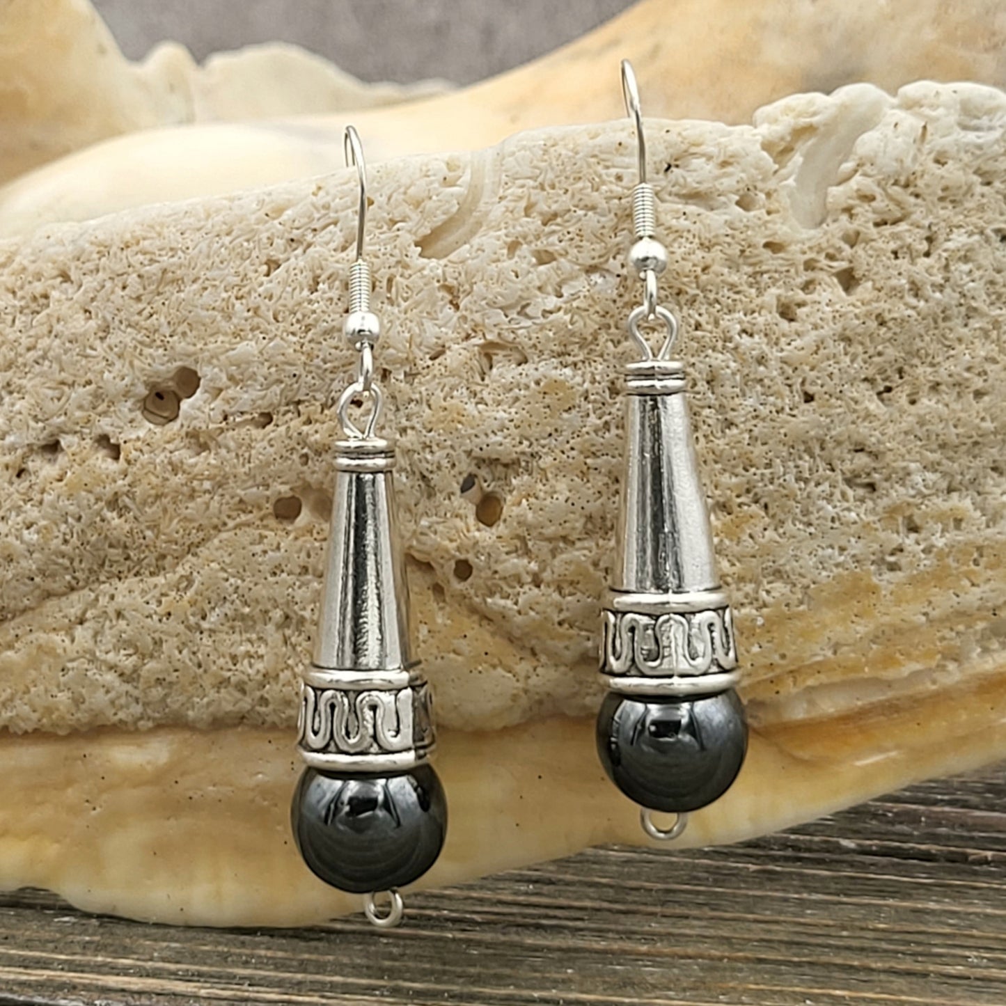 BESHEEK Hematite & Sterling Silver Filigree Bali Cone Drop Earrings | Hypoallergenic Boho Beach Gala Wedding Style Fashion Earrings