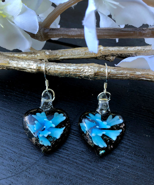 BESHEEK Sterling Silver Handmade Murano-inpired Aqua Blue Flower in Heart Fused Glass Dangle Earrings | Hypoallergenic Boho Beach Gala Wedding Style Fashion Earrings