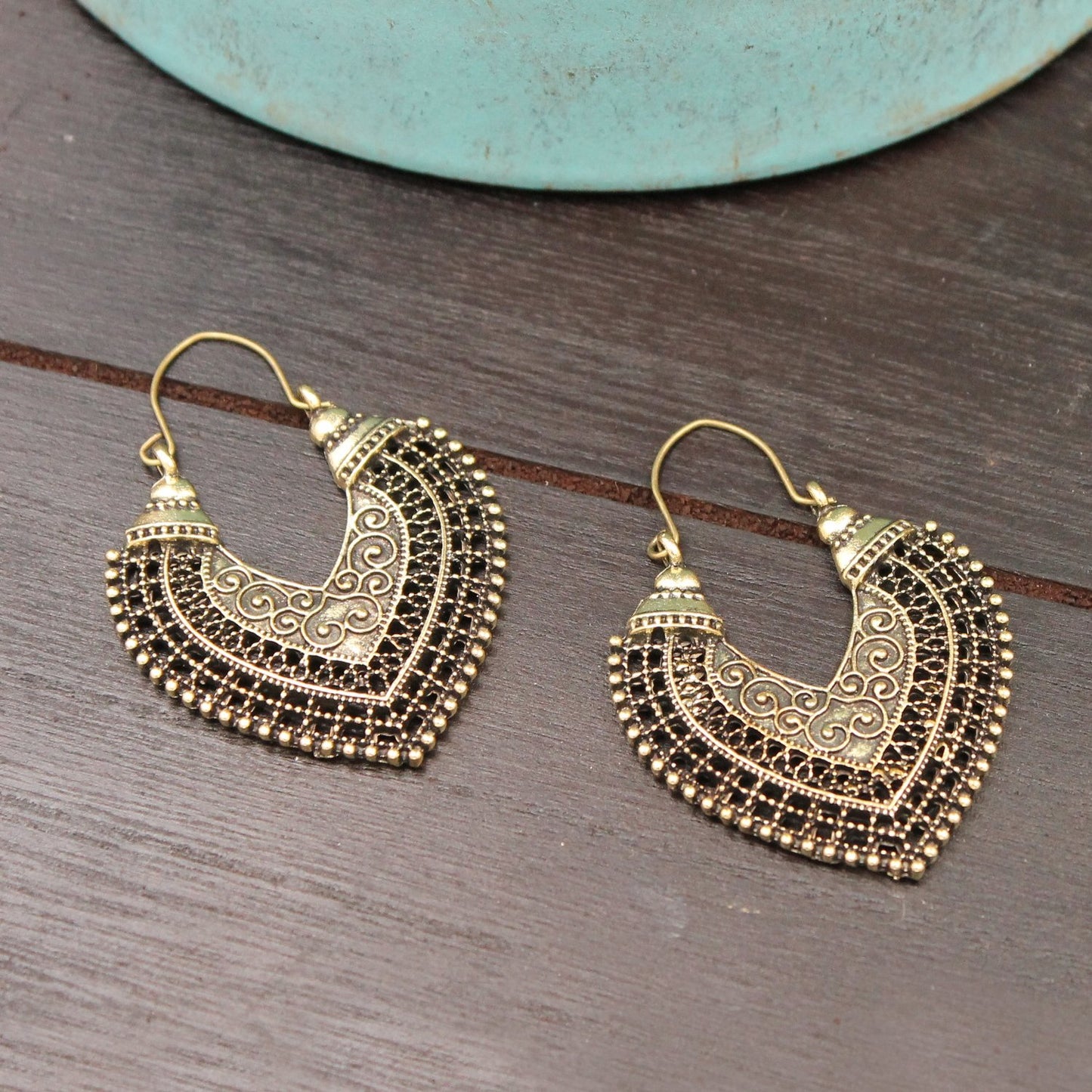 BESHEEK Handmade Latch Antique Gold Fan Boho Earrings | Handmade Hypoallergenic Boho Beach Gala Wedding Style Fashion Earrings