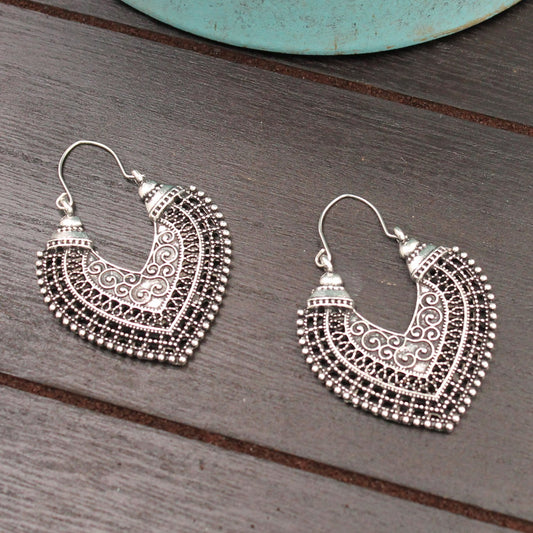 BESHEEK Handmade Latch Antique Silvertone Fan Boho Earrings | Handmade Hypoallergenic Boho Beach Gala Wedding Style Fashion Earrings