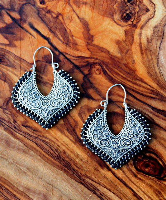 BESHEEK Silvertone Black Boho Filigree Latch key Marquis Earrings | Hypoallergenic Boho Beach Gala Wedding Style Fashion Earrings