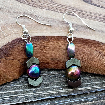 BESHEEK Sterling Silver and Rainbow Hematite Dangle Earrings | Handmade Hypoallergenic Boho Beach Gala Wedding Style Fashion Earrings