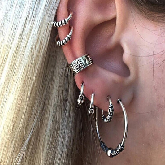 BESHEEK Silvertone Geometric Oxidized Hoop Earrings (Set of 7) | Handmade Hypoallergenic Boho Beach Gala Wedding Style Fashion Earrings