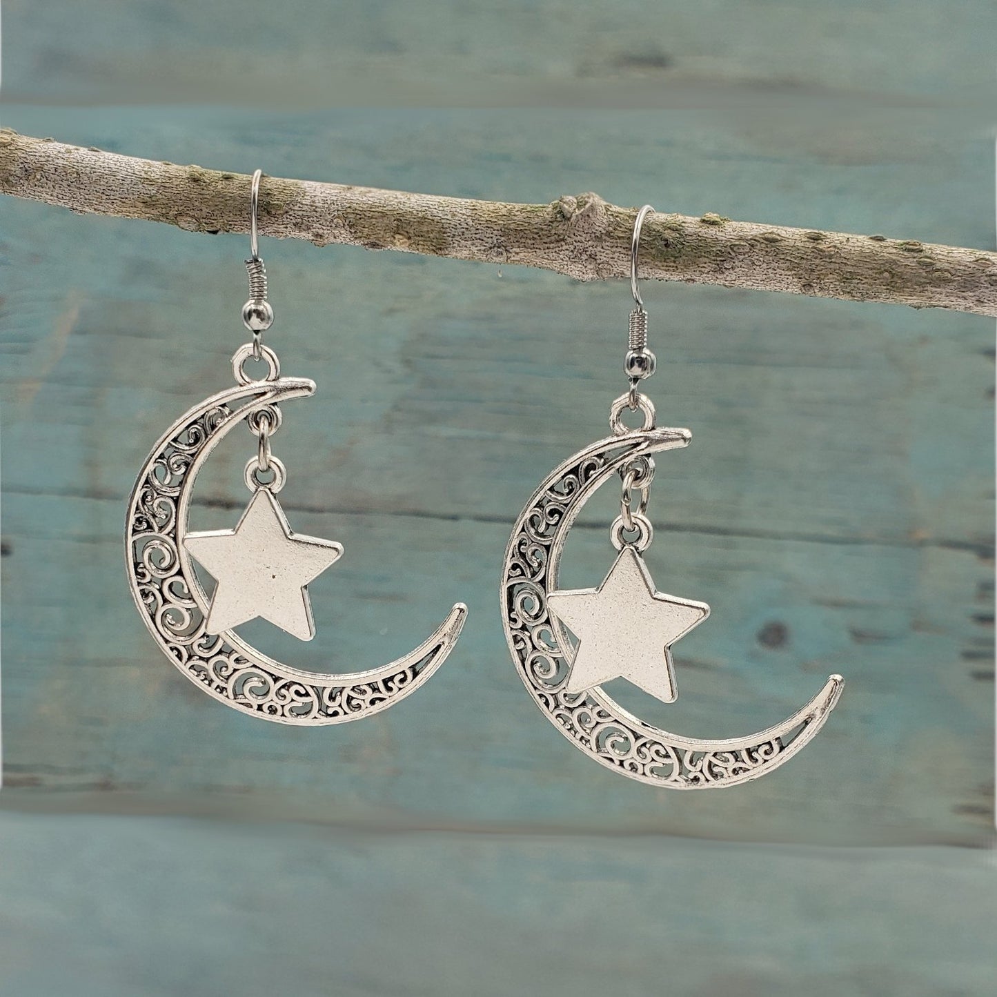 BESHEEK Silvertone Crescent Moon and Stars Dangle Earrings | Handmade Hypoallergenic Boho Beach Gala Wedding Style Fashion Earrings