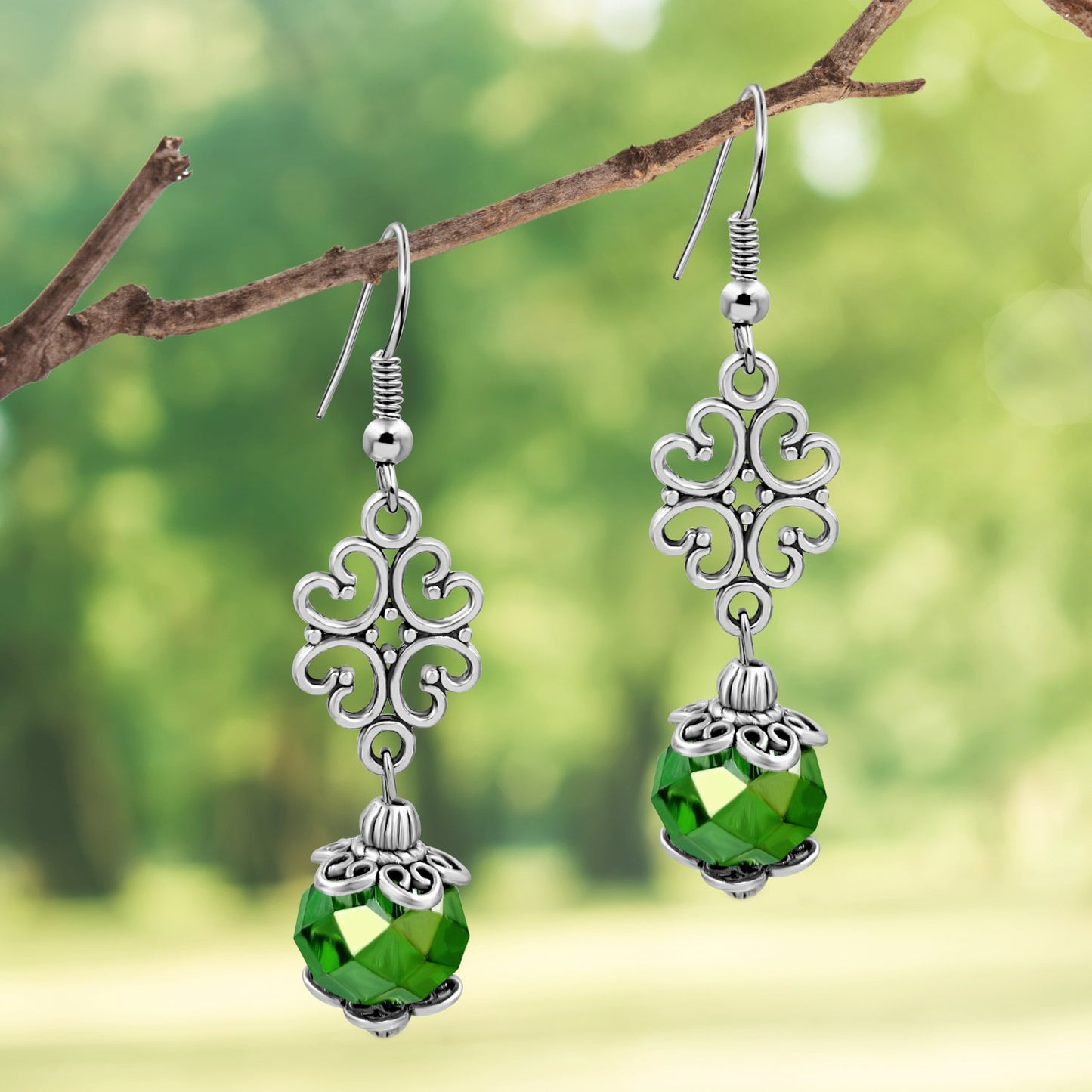 BESHEEK Sterling Silver Emerald Green Crystal Glass and Clover Dangle Earrings | Handmade Hypoallergenic Boho Beach Gala Wedding Style Fashion Earrings