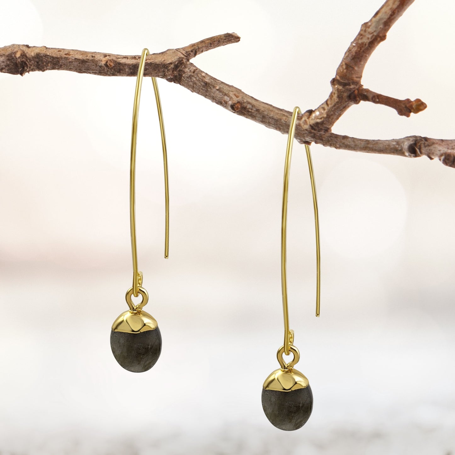 BESHEEK Goldtone Long Fish Hook Labrodite Oval Dangle Earrings | Handmade Hypoallergenic Boho Beach Gala Wedding Style Fashion Earrings