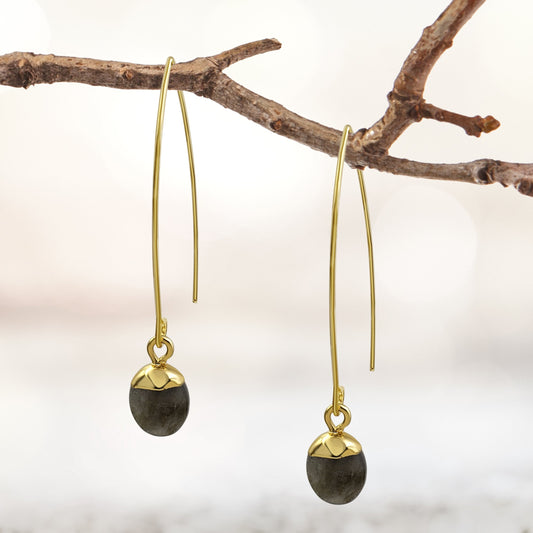 BESHEEK Goldtone Long Fish Hook Labrodite Oval Dangle Earrings | Handmade Hypoallergenic Boho Beach Gala Wedding Style Fashion Earrings