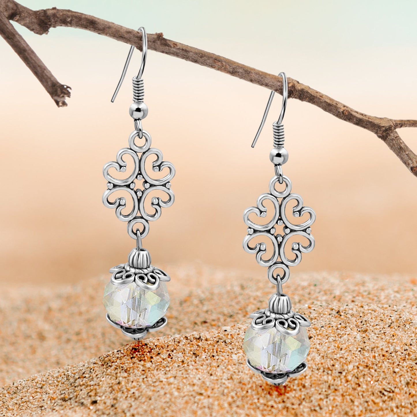 BESHEEK Silvertone Ornament and Clear AB Crystal Dangle Earrings | Handmade Hypoallergenic Boho Beach Gala Wedding Style Fashion Earrings