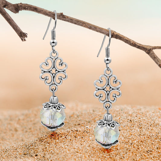 BESHEEK Silvertone Ornament and Clear AB Crystal Dangle Earrings | Handmade Hypoallergenic Boho Beach Gala Wedding Style Fashion Earrings