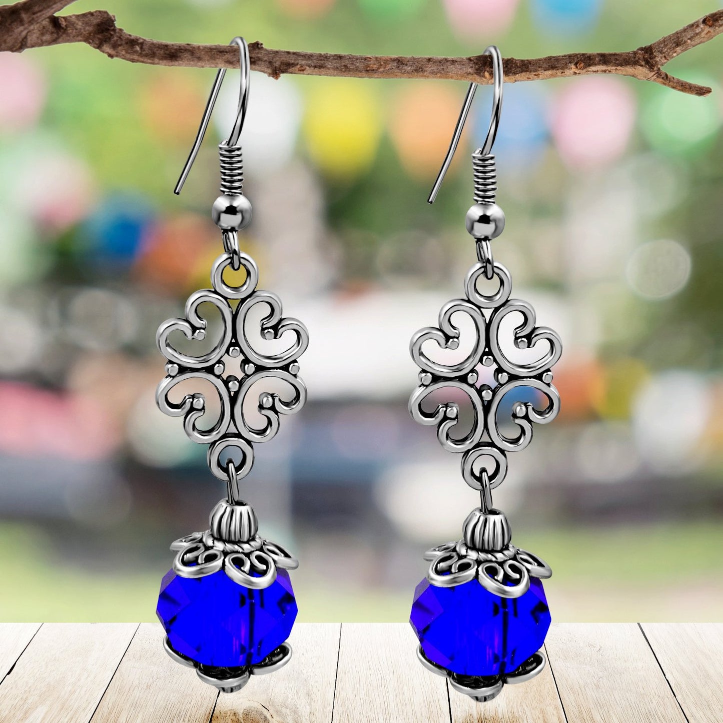 BESHEEK Silvertone Ornament and Cobalt Blue Crystal Dangle Earrings | Handmade Hypoallergenic Boho Beach Gala Wedding Style Fashion Earrings