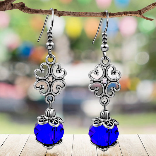 BESHEEK Silvertone Ornament and Cobalt Blue Crystal Dangle Earrings | Handmade Hypoallergenic Boho Beach Gala Wedding Style Fashion Earrings