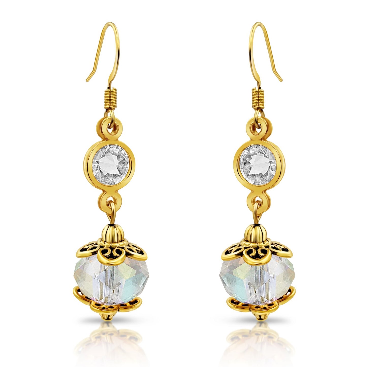 BESHEEK Goldtone and Clear AB Crystal Dangle Earrings | Handmade Hypoallergenic Boho Beach Gala Wedding Style Fashion Earrings