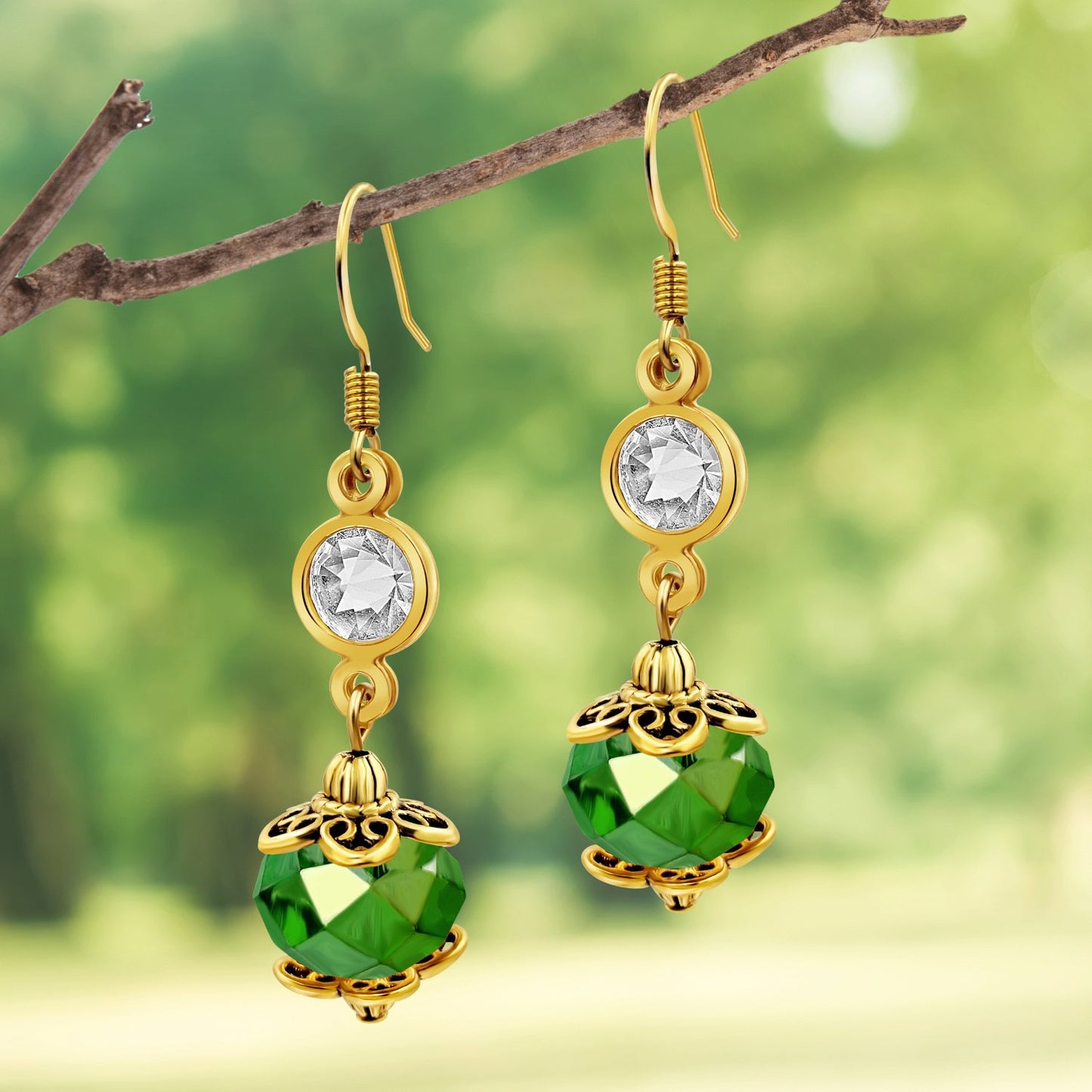 BESHEEK Goldtone and Green Crystal Dangle Earrings | Handmade Hypoallergenic Boho Beach Gala Wedding Style Fashion Earrings