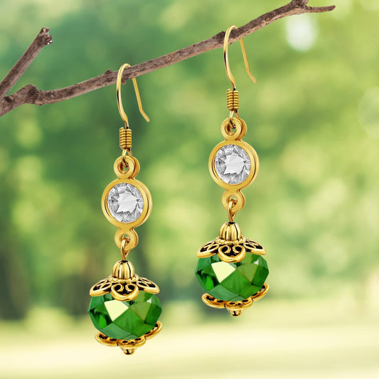 BESHEEK Goldtone and Green Crystal Dangle Earrings | Handmade Hypoallergenic Boho Beach Gala Wedding Style Fashion Earrings