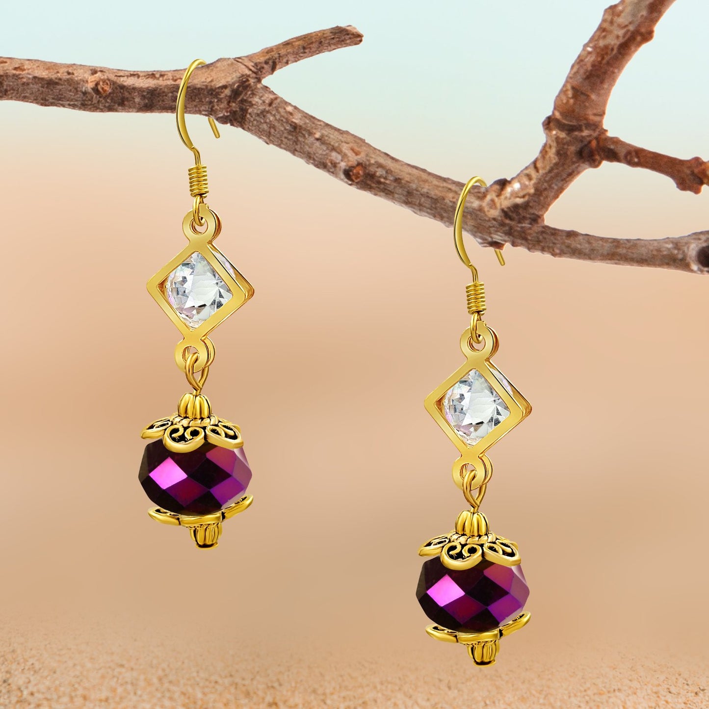 BESHEEK Goldtone Diamond and Luster Purple Crystal Dangle Earrings | Handmade Hypoallergenic Boho Beach Gala Wedding Style Fashion Earrings