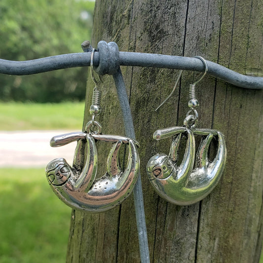 BESHEEK Antique Silver Sloth Dangle Earrings | Handmade Hypoallergenic Boho Beach Gala Wedding Style Fashion Earrings