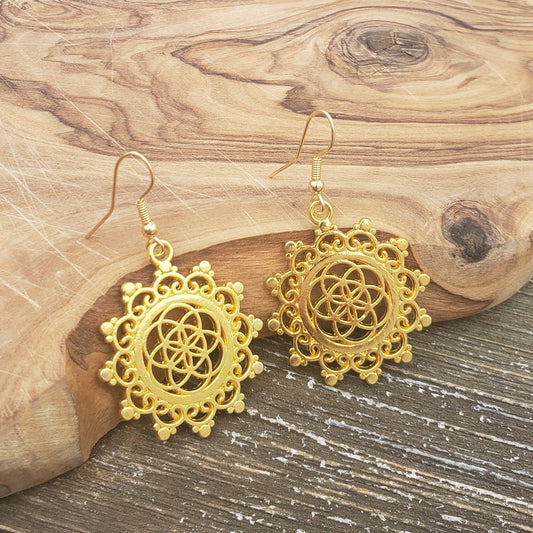 BESHEEK Goldtone Seed of life Flower dangle Earrings | Handmade Hypoallergenic Boho Beach Gala Wedding Style Fashion Earrings