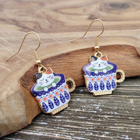 BESHEEK Gold Plated Purple Cat in Cup Dangle Earrings | Handmade Hypoallergenic Boho Beach Gala Wedding Style Fashion Earrings