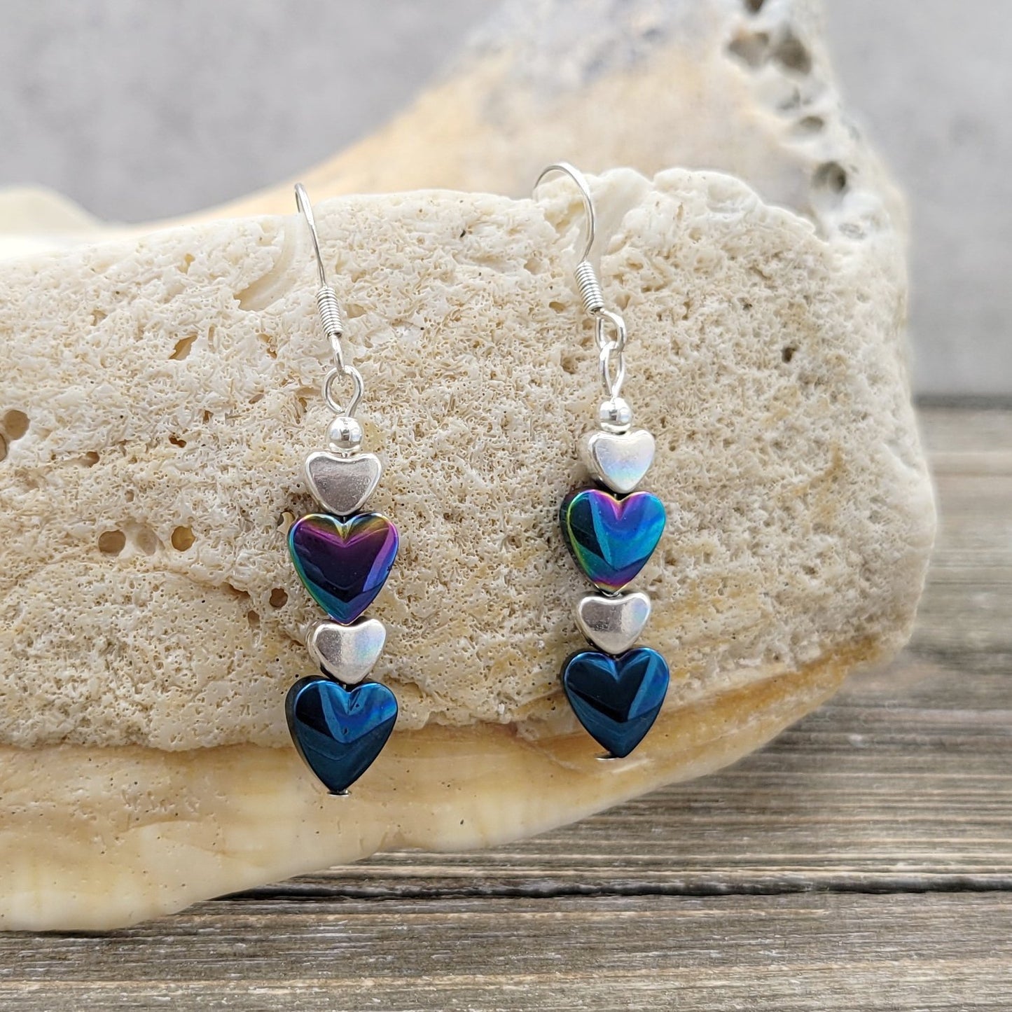 BESHEEK Silvertone and Rainbow Hematite Heart Dangle Earrings | Handmade Hypoallergenic Boho Beach Gala Wedding Style Fashion Earrings
