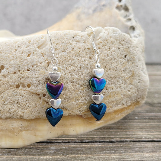 BESHEEK Silvertone and Rainbow Hematite Heart Dangle Earrings | Handmade Hypoallergenic Boho Beach Gala Wedding Style Fashion Earrings