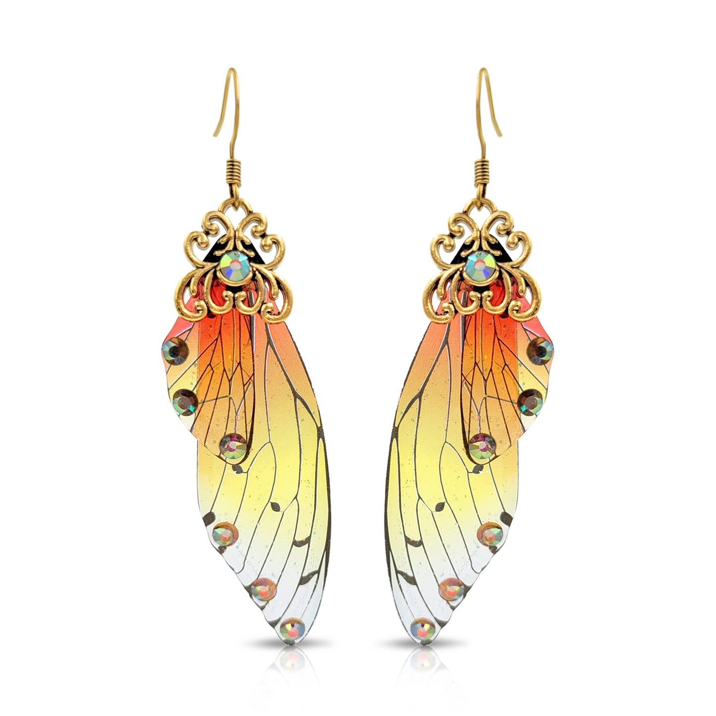BESHEEK Antique Gold Red & Yellow Resin Butterfly Wings with Rhinestones | Handmade Hypoallergenic Boho Beach Gala Wedding Style Fashion Earrings