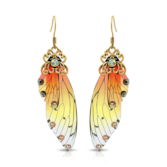 BESHEEK Antique Gold Red & Yellow Resin Butterfly Wings with Rhinestones | Handmade Hypoallergenic Boho Beach Gala Wedding Style Fashion Earrings