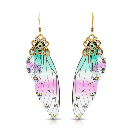 BESHEEK Antique Gold Blue & PInk Resin Butterfly Wings with Rhinestones | Handmade Hypoallergenic Boho Beach Gala Wedding Style Fashion Earrings