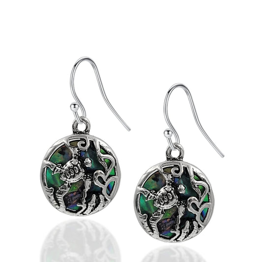 BESHEEK Silvertone and Abalone Shell Turtle in Seaweed Earrings | Handmade Hypoallergenic Boho Beach Gala Wedding Style Fashion Earrings