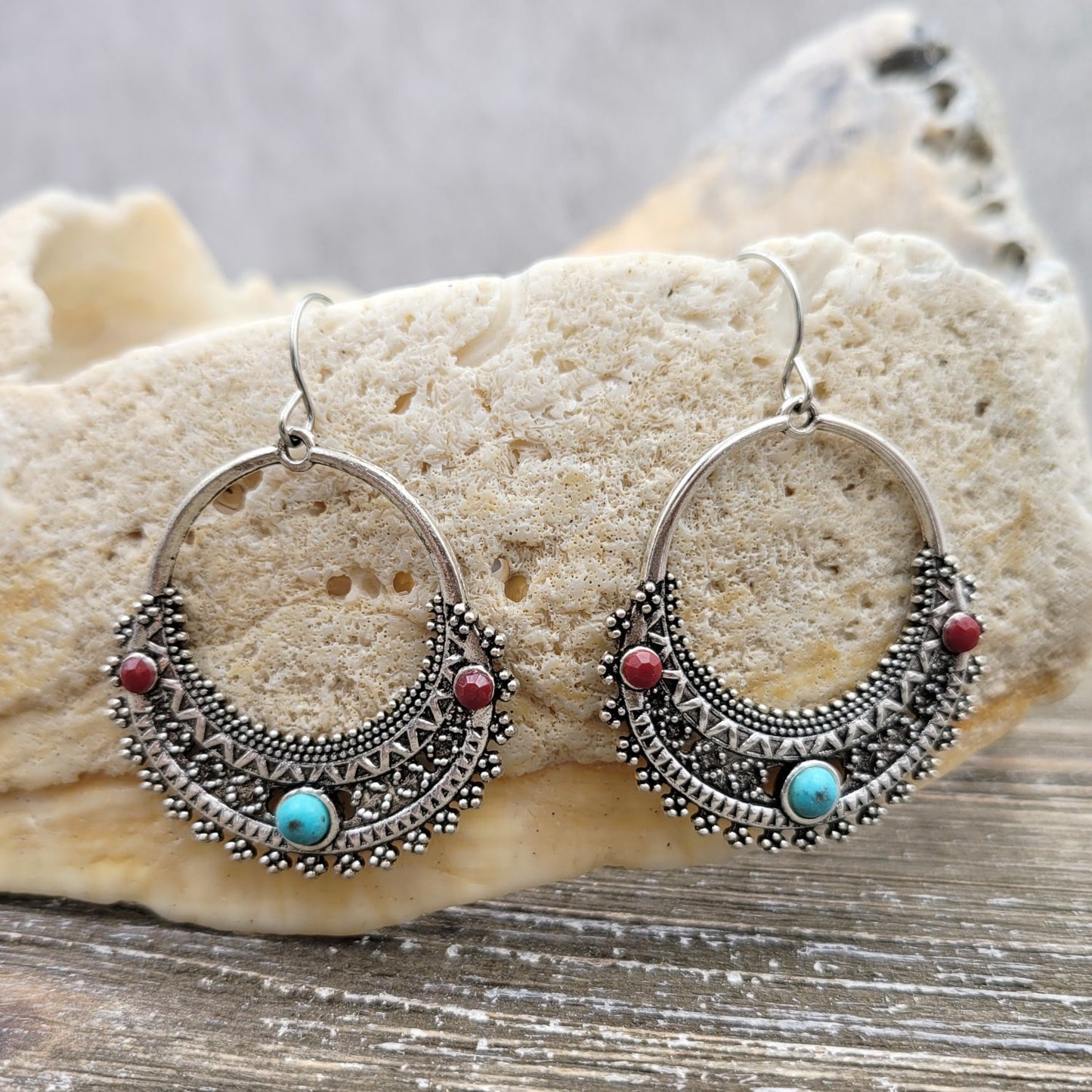 BESHEEK Antique Silver Boho Chic Bohemia Multi-color Tibetan Rainbow Drop Earrings | Handmade Hypoallergenic Boho Beach Gala Wedding Style Fashion Earrings