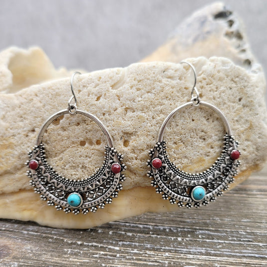 BESHEEK Antique Silver Boho Chic Bohemia Multi-color Tibetan Rainbow Drop Earrings | Handmade Hypoallergenic Boho Beach Gala Wedding Style Fashion Earrings