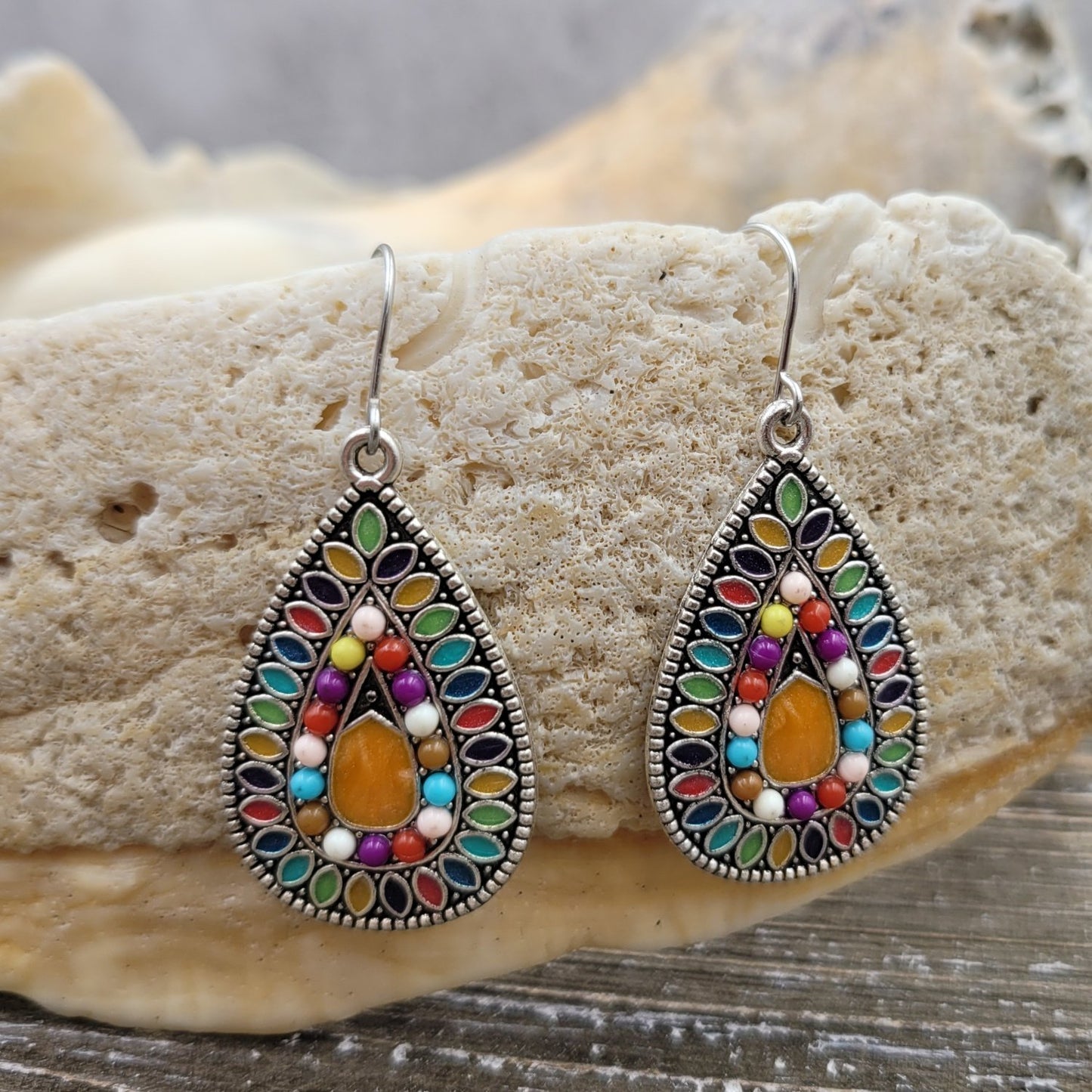 BESHEEK Antique Silver Boho Chic Bohemia Multi-color Teardrop Mosaic Rainbow Drop Earrings | Handmade Hypoallergenic Boho Beach Gala Wedding Style Fashion Earrings
