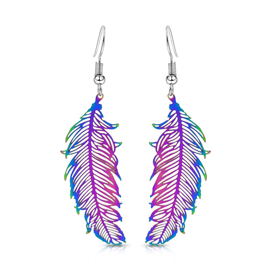 BESHEEK Rainbow Stainless Steel "Flawless Feather"Earrings | Handmade Hypoallergenic Boho Beach Gala Wedding Style Fashion Earrings