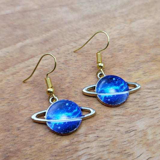 BESHEEK Goldtone Blue Universe in Saturn Dangle Earrings | Handmade Hypoallergenic Boho Beach Gala Wedding Style Fashion Earrings
