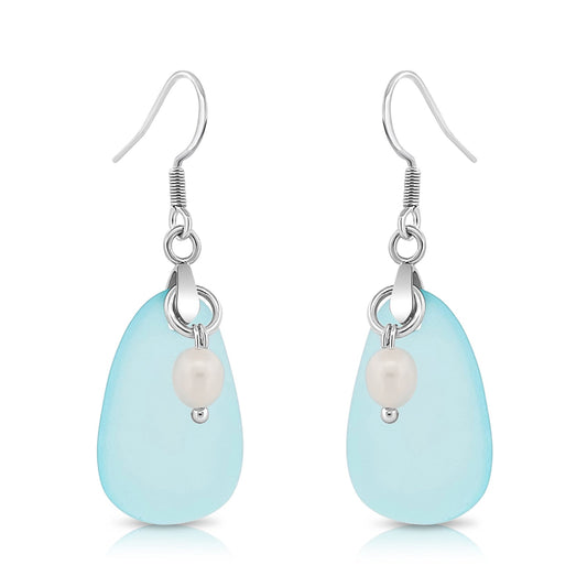 BESHEEK Sterling Silver Blue & Freshwater Pearl Seaglass Earrings | Handmade Hypoallergenic Boho Beach Gala Wedding Style Fashion Earrings