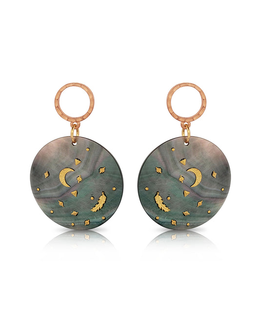 BESHEEK Goldplated and Abalone Moon & Stars Dangle Earrings | Handmade Hypoallergenic Boho Beach Gala Wedding Style Fashion Earrings