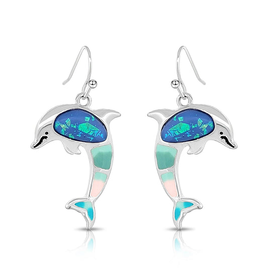 BESHEEK Silvertone and Pastel Resin Dolphin Dangle Earrings | Handmade Hypoallergenic Boho Beach Gala Wedding Style Fashion Earrings