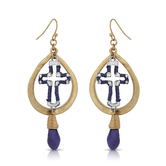 BESHEEK Matte Goldtone Cross and Blue Teardrop Dangle Earrings | Handmade Hypoallergenic Boho Beach Gala Wedding Style Fashion Earrings