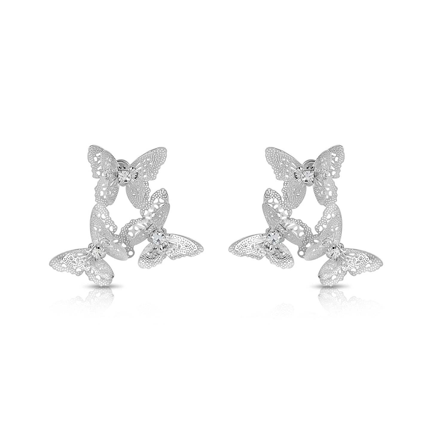 BESHEEK Silvertone 3d Butterfly and Rhinestone Dangle Stud Earrings | Handmade Hypoallergenic Boho Beach Gala Wedding Style Fashion Earrings