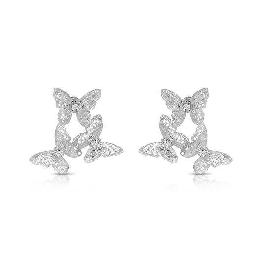 BESHEEK Silvertone 3d Butterfly and Rhinestone Dangle Stud Earrings | Handmade Hypoallergenic Boho Beach Gala Wedding Style Fashion Earrings