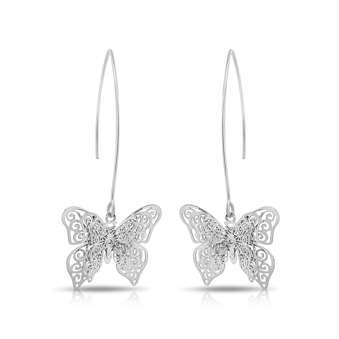 BESHEEK Silvertone 3d Butterfly Thread Earrings | Handmade Hypoallergenic Boho Beach Gala Wedding Style Fashion Earrings