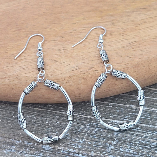 BESHEEK Silvertone Tibetan Rope Dangle Hoop Earrings | Handmade Hypoallergenic Boho Beach Gala Wedding Style Fashion Earrings